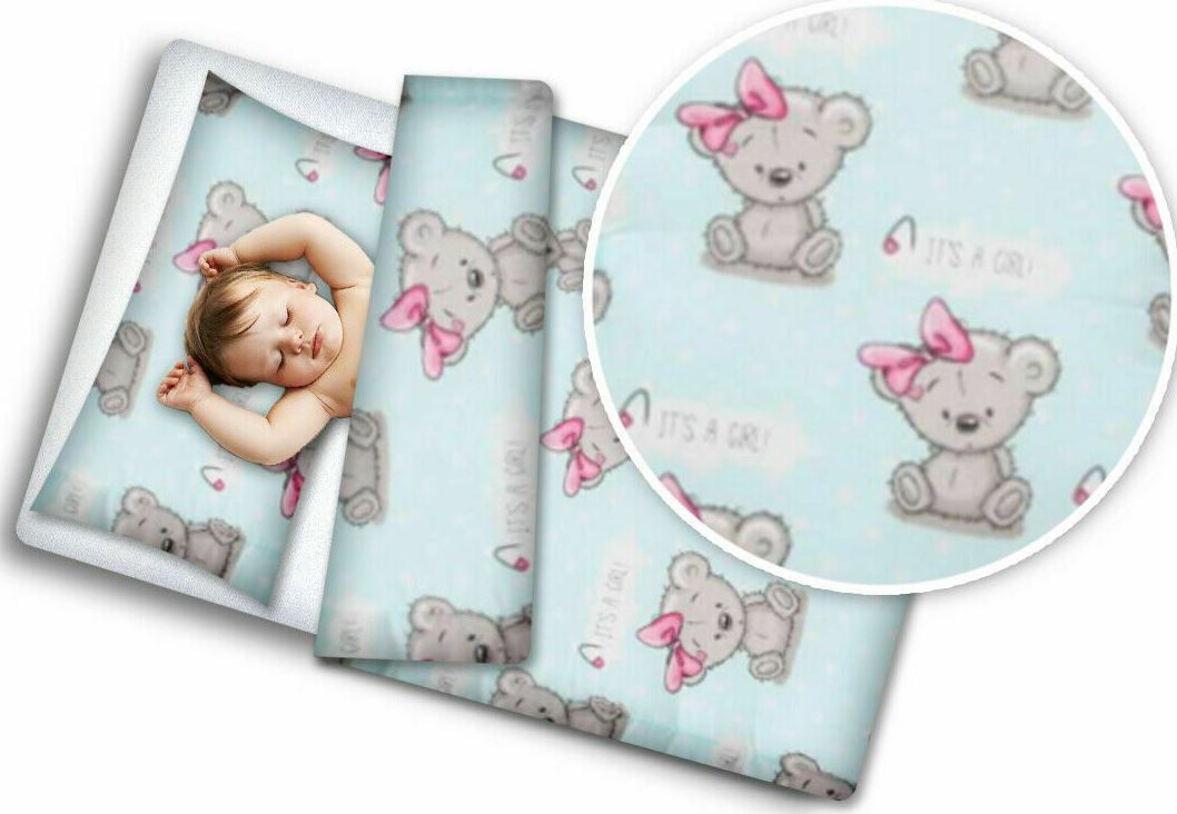 Baby 4Pc Bedding Set Pillow Duvet Quilt Fit Cotbed 140X70cm Teddy Girl Mint