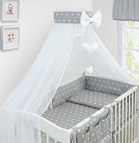 Baby bedding set 10Pc fit cot bed 140x70cm - Small white stars on grey