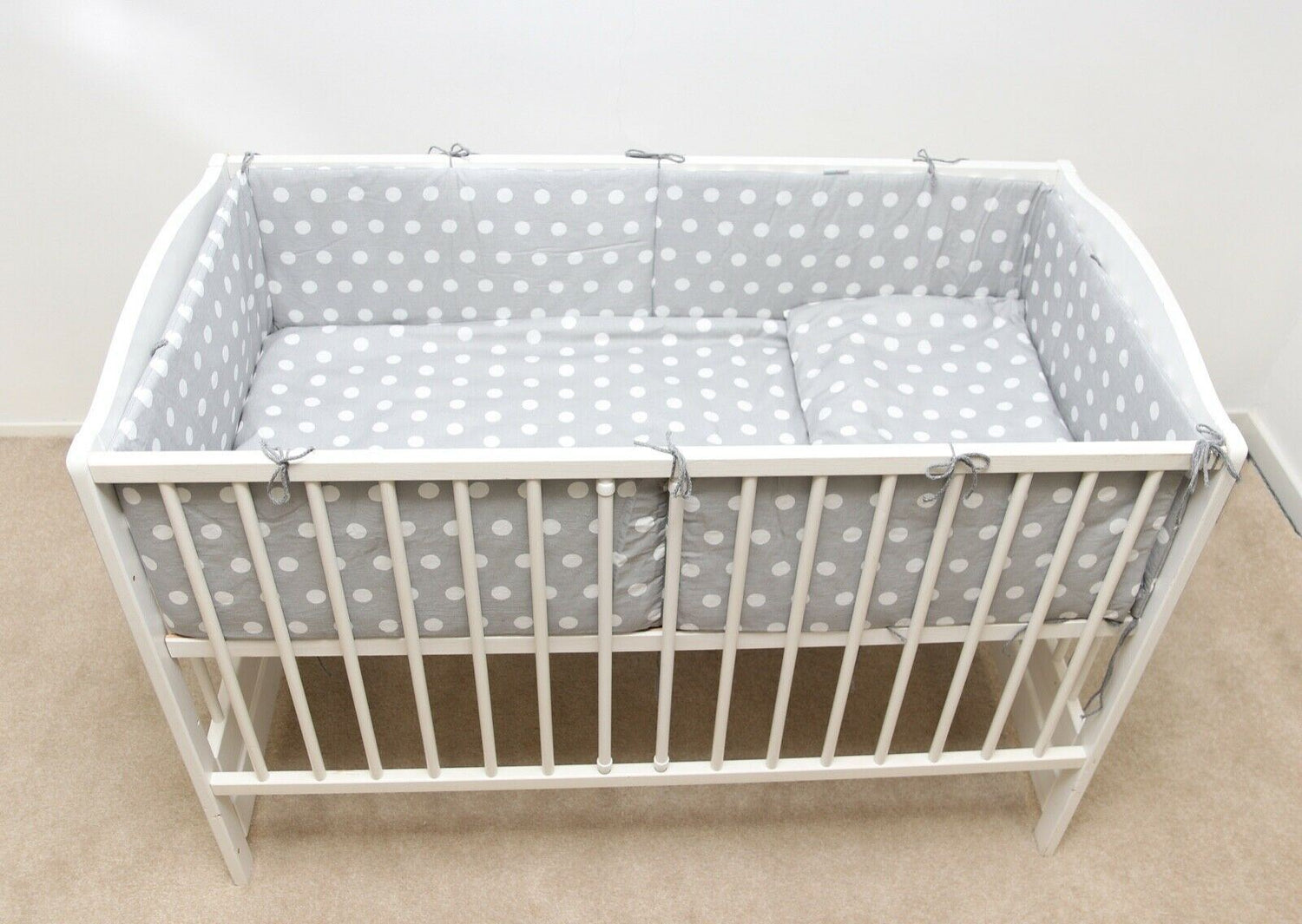 Baby 3Pc Bedding Set Pillow Duvet Bumper All-Round Fit Cotbed 140X70cm Dots Grey