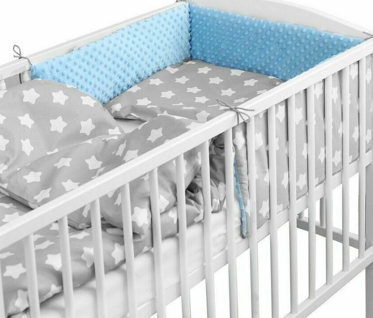 Baby 6Pc Bedding Set Pillow Duvet Bumper Fit Cot 120X60 Dimple Blue / Big White Stars On Grey