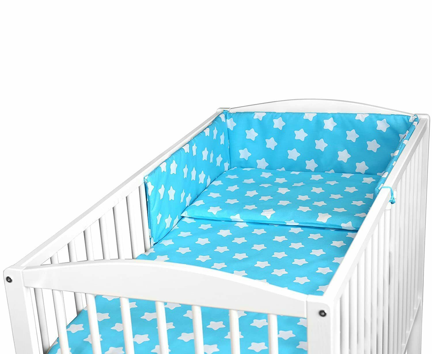 Baby Padded Bumper 180cm fit COT 100% Cotton Big White Stars On Turquoise