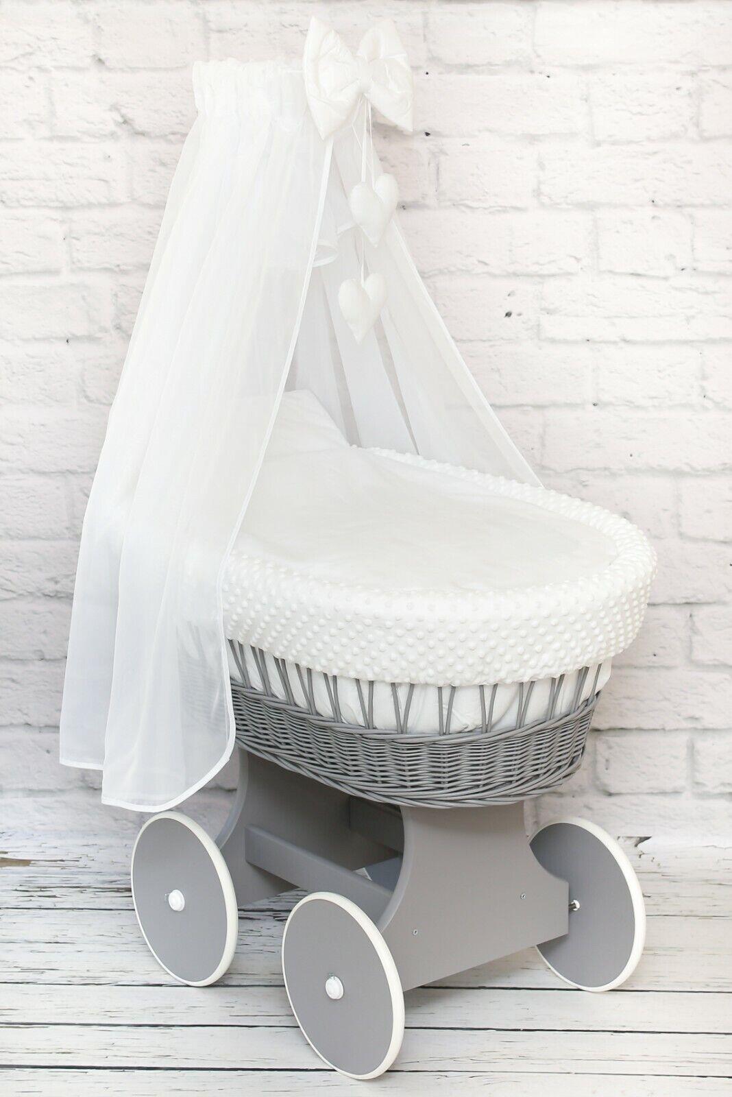 Grey Wicker Wheels Moses Basket Baby+Full Bedding Set White dimple