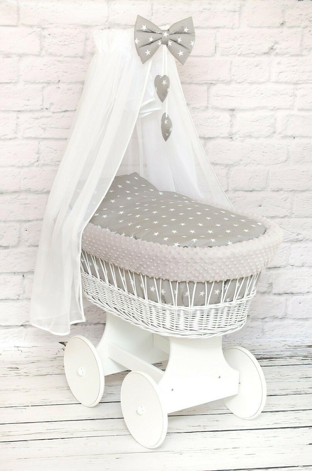 Full Bedding Set With Canopy To Fit Wicker Moses Basket Small Stars With Grey - Grey Dimple