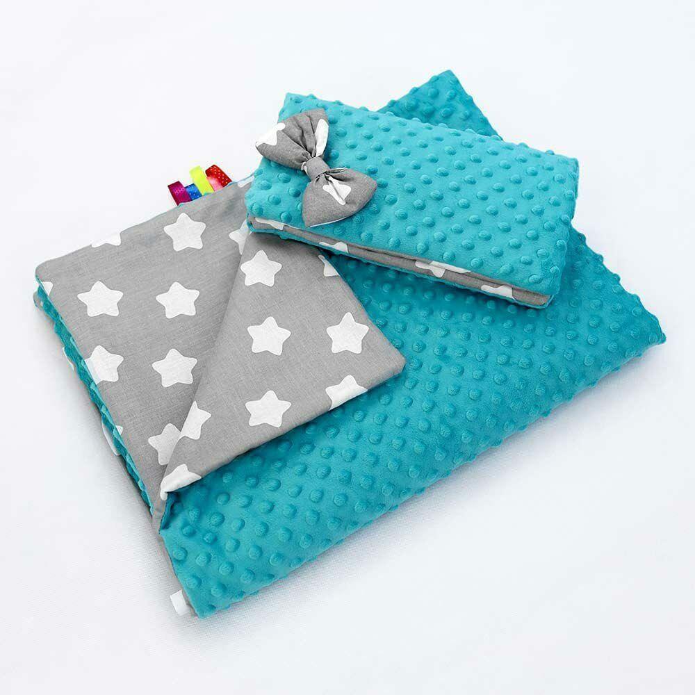 Warm Baby Blanket Dimple Quilt Pillow 100X75cm Turquoise - Big Stars On Grey