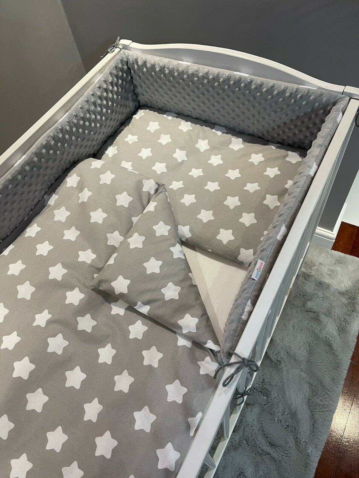 Baby 3Pc Dimple Bedding Set Pillow Duvet Bumper Fit Cotbed 140X70cm Dimple Grey/ Big White Stars On Grey