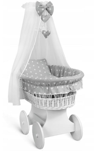 White Wicker Moses Basket with Wheels Baby+full Bedding Set Small white stars on grey