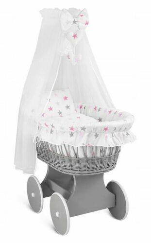 Grey Wicker Wheels Moses Basket Baby+Full Bedding Set Pink grey stars