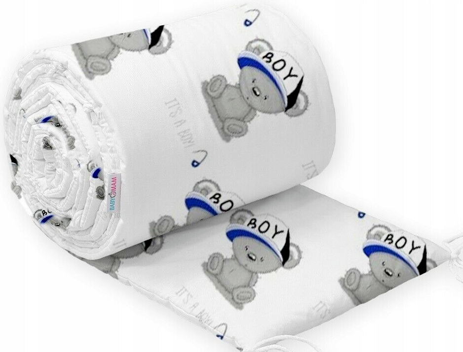 Baby Padded Bumper 100% Cotton To Fit Crib All Round 260cm Teddy Boy White