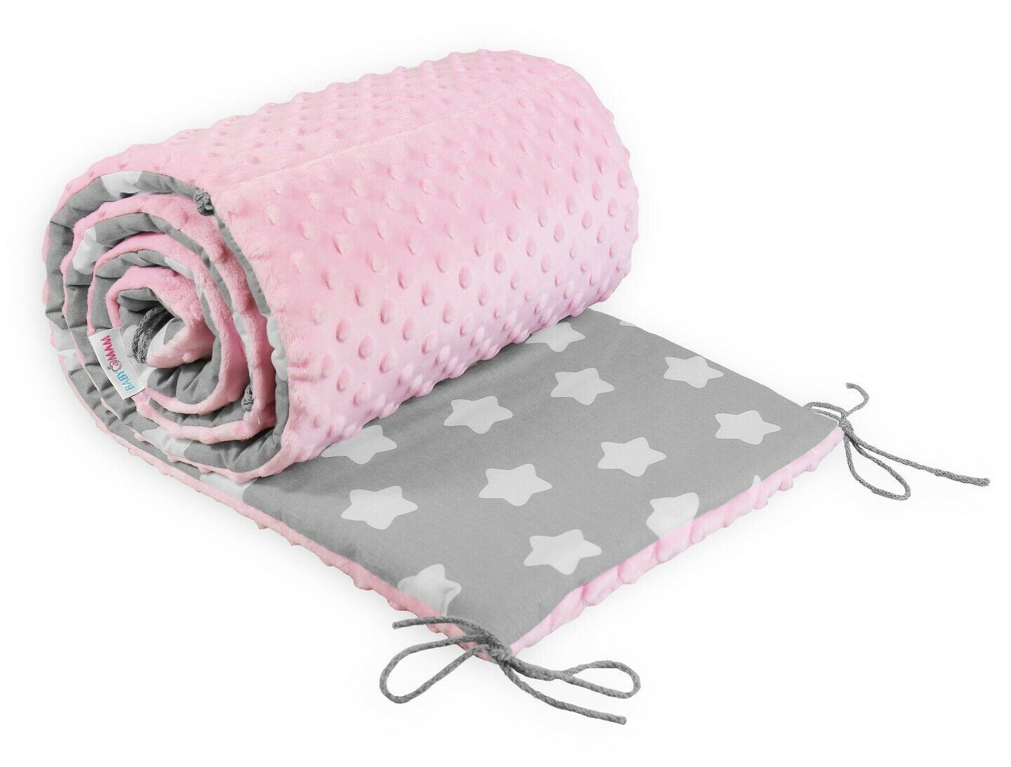 Baby dimple padded bumper 180cm straight fit COT 120x60 Pink/ Big white stars on grey