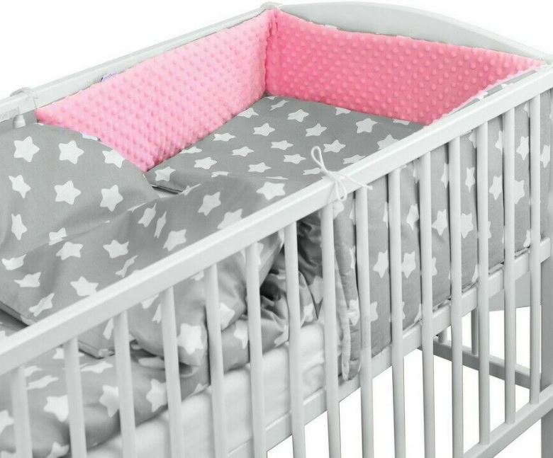 Baby 6Pc Dimple Bedding Set Pillow Duvet Quilt Sheet Bumper Fit Cotbed 140X70cm Dimple Pink/ Big White Stars On Grey