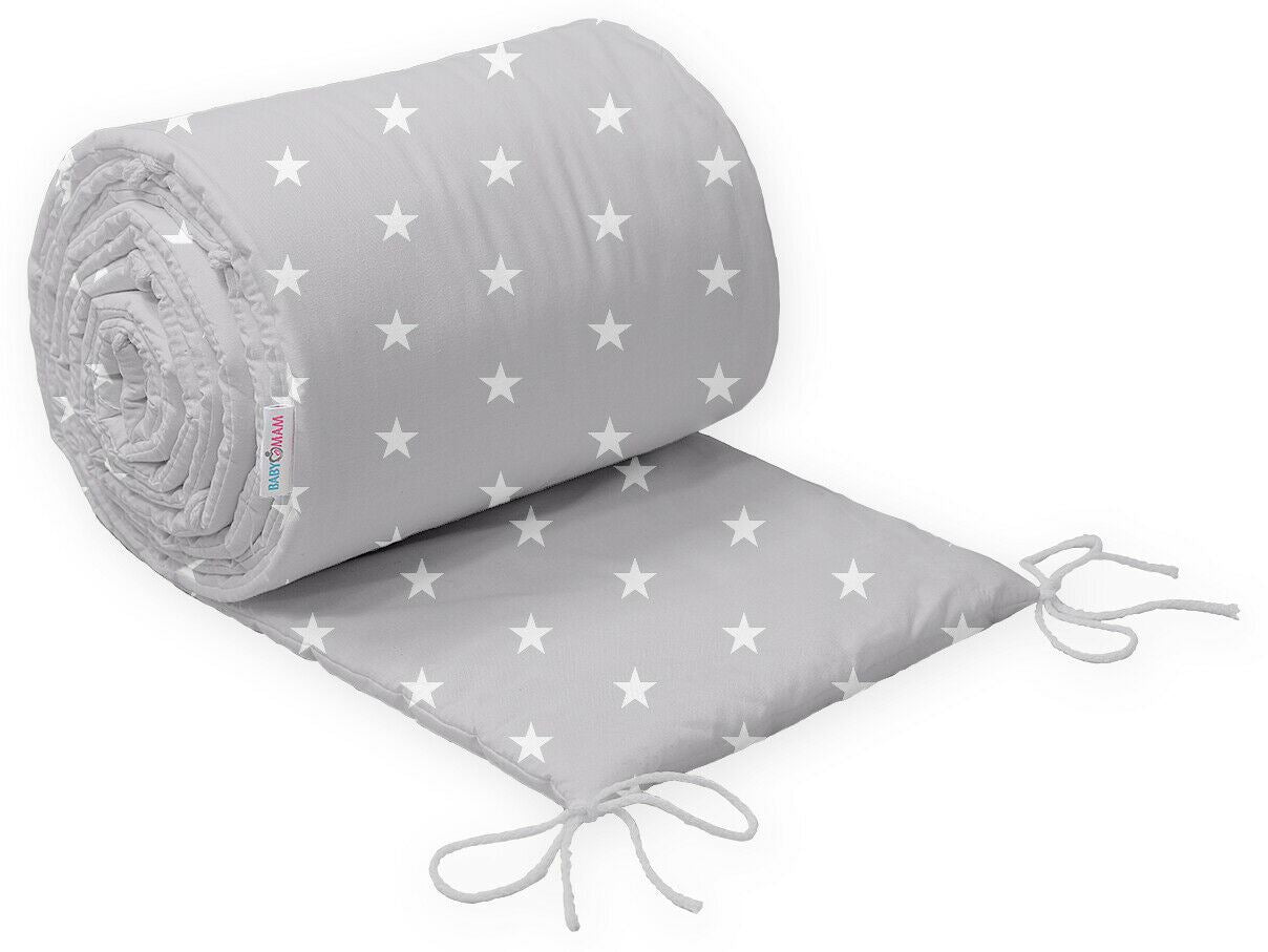 Baby Padded Bumper 100% Cotton To Fit Crib All Round 260cm Small White Stars On Grey