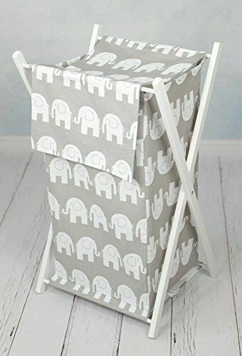Laundry Basket with white wooden frame and storage removable linen ELEPHANTS GREY