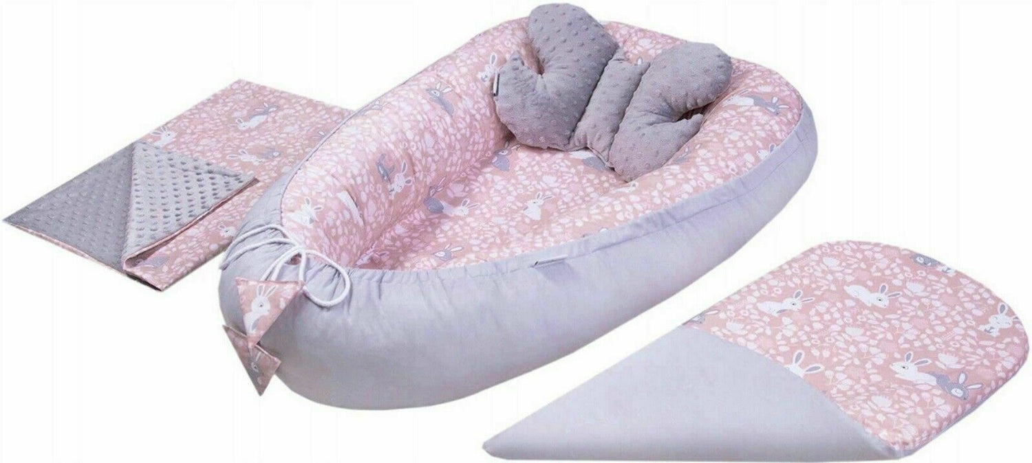 Large baby set Soft Cocoon reversible Grey/ Bunny Pink