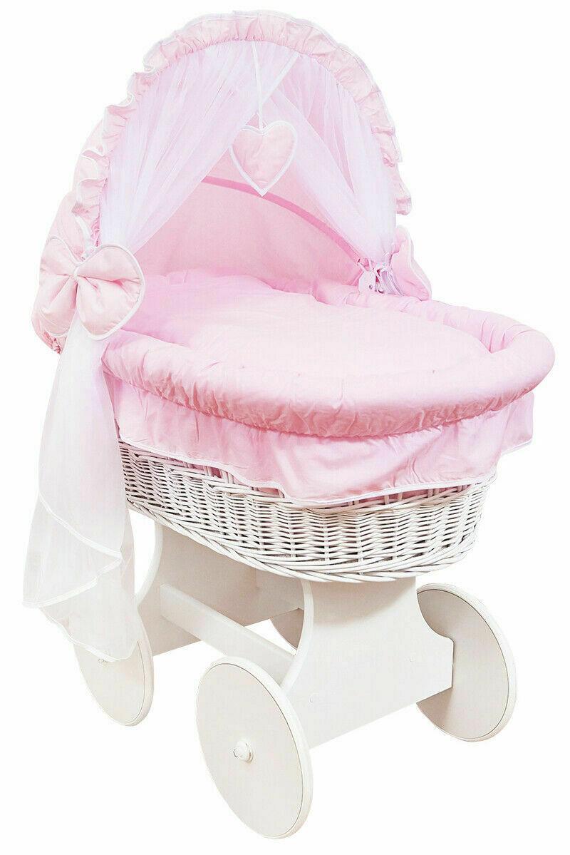 Baby Full Bedding Set With Hood To Fit Wicker Moses Basket Cotton Pink
