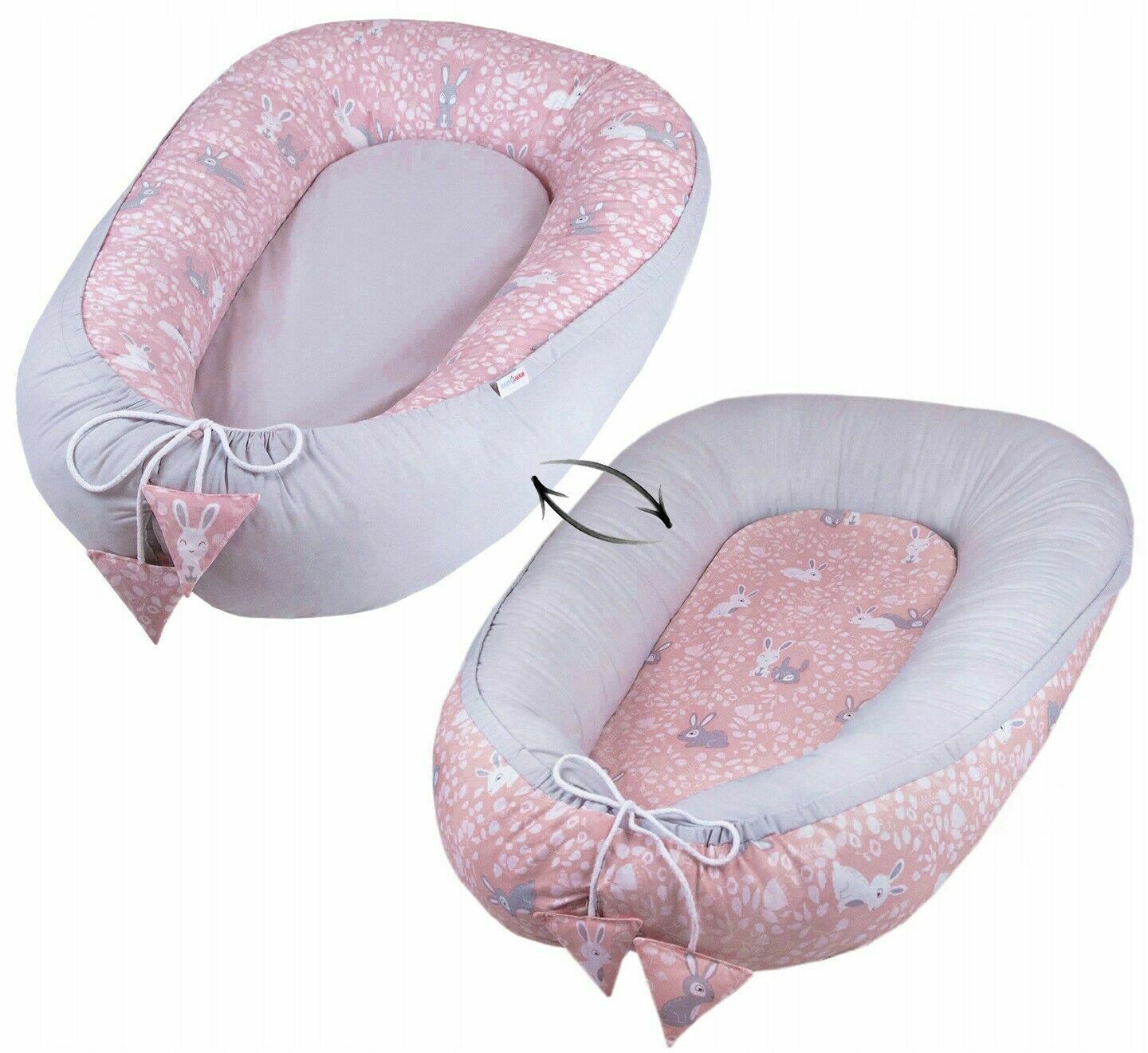 Large baby set Soft Cocoon reversible Grey/ Bunny Pink