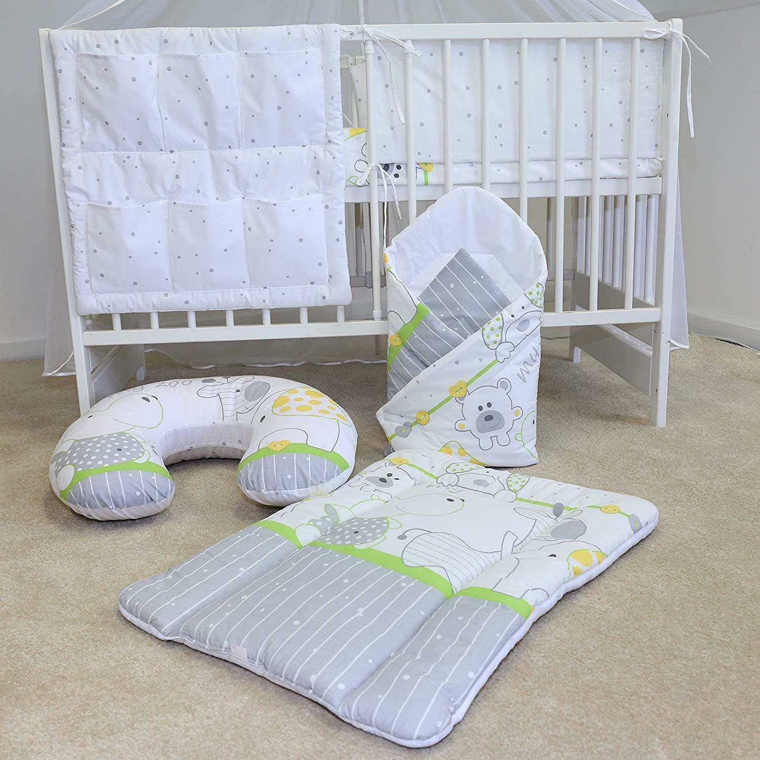 Baby bedding set Cotton Nursery 14pc to Fit Cot 120x60cm Zoo green
