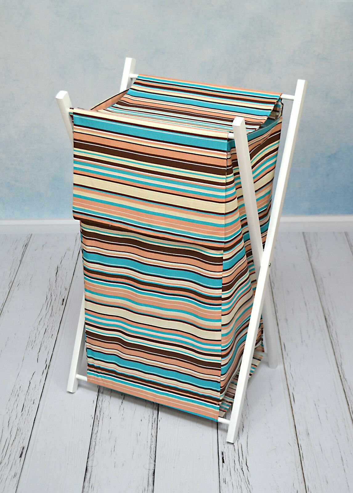 Laundry Basket with white wooden frame and storage removable linen MAGENTA STRIPES