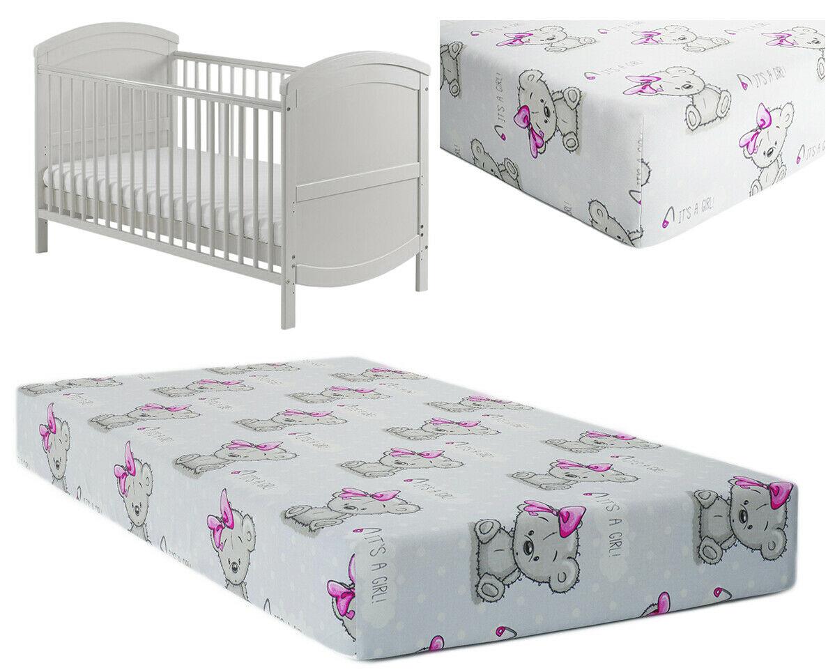 Baby Fitted Cot Bed Sheet Printed 100% Cotton Mattress 140X70cm Teddy Girl Grey