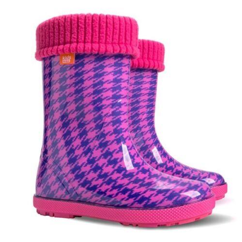 Wellies Kids Rain Snow Boots Removable Inner Lining Socks Wellington Pink Check