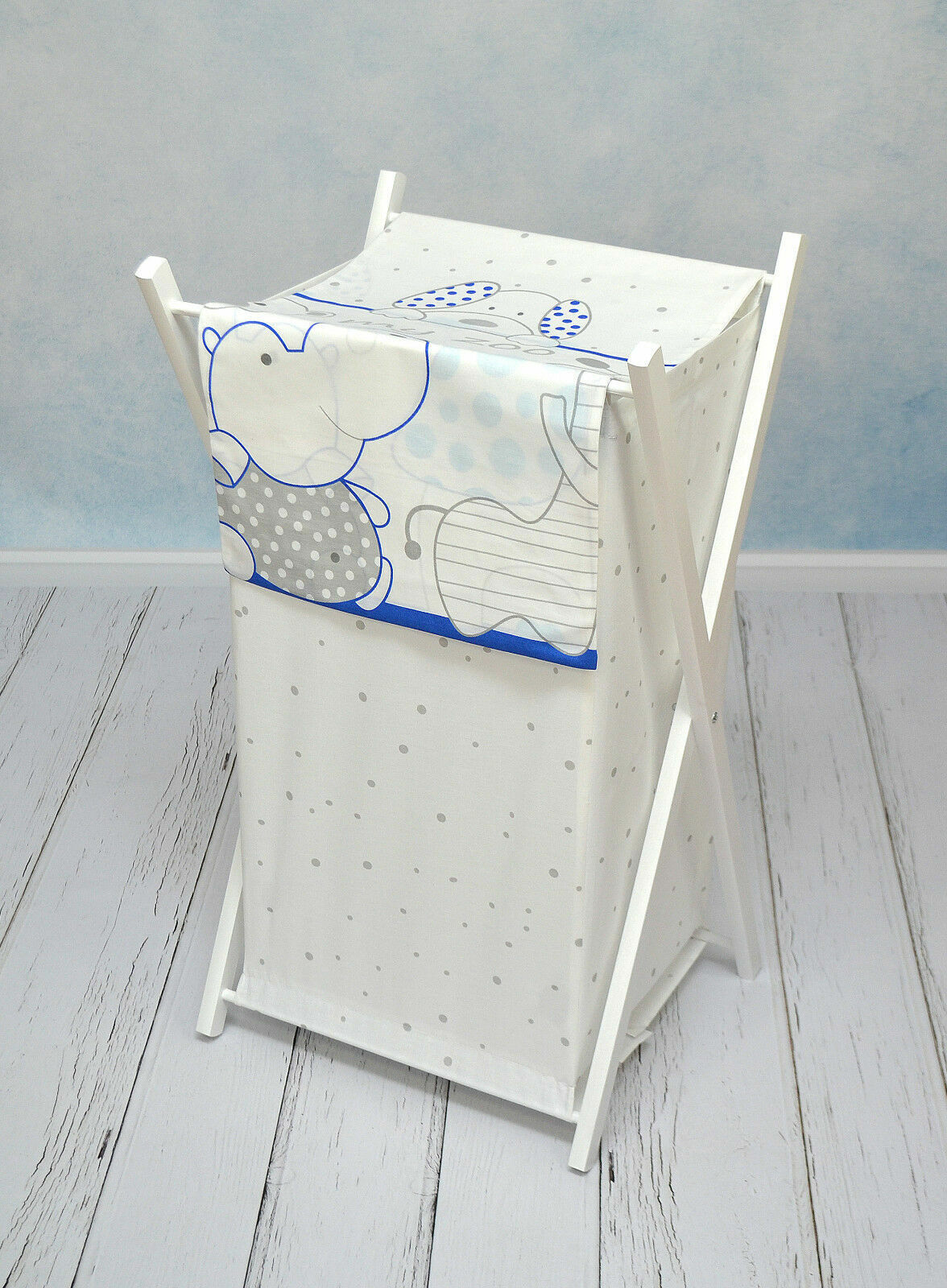 Laundry Basket with white wooden frame and storage removable linen ZOO BLUE