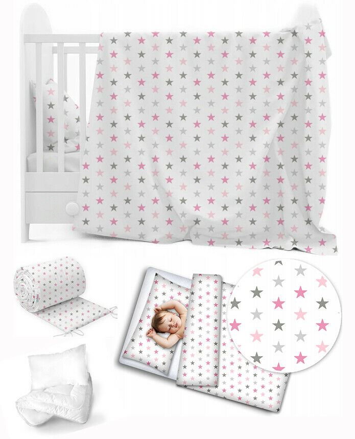 Baby 6Pc Bedding Set Pillow Duvet Quilt Sheet Bumper Fit Cotbed 140x70cm Grey Pink Stars
