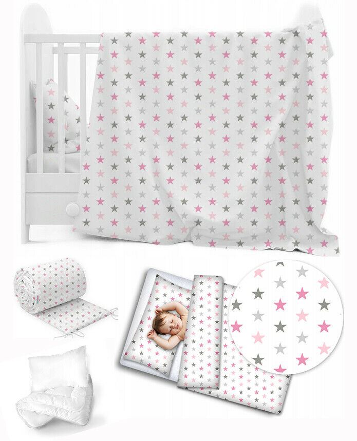 Baby 6Pc Bedding Set Pillow Duvet Quilt Sheet Bumper Fit Cotbed 140X70cm Grey Pink Stars