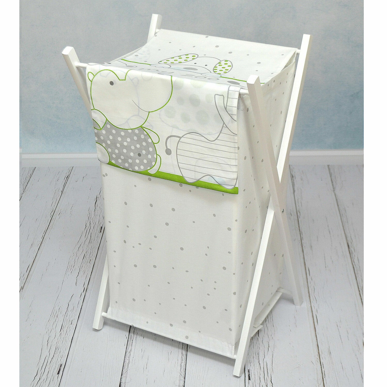 Laundry Basket with white wooden frame and storage removable linen ZOO GREEN