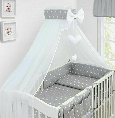 10PC Baby Bedding Set 100% Cotton Fit Cot 120x60cm Small White Stars On Grey
