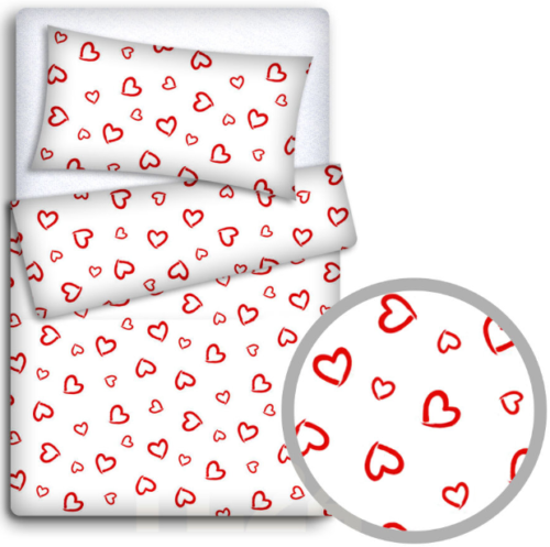 Bedding Set 4Pc Fit Kids Junior Bed 150X120 Red Hearts On White