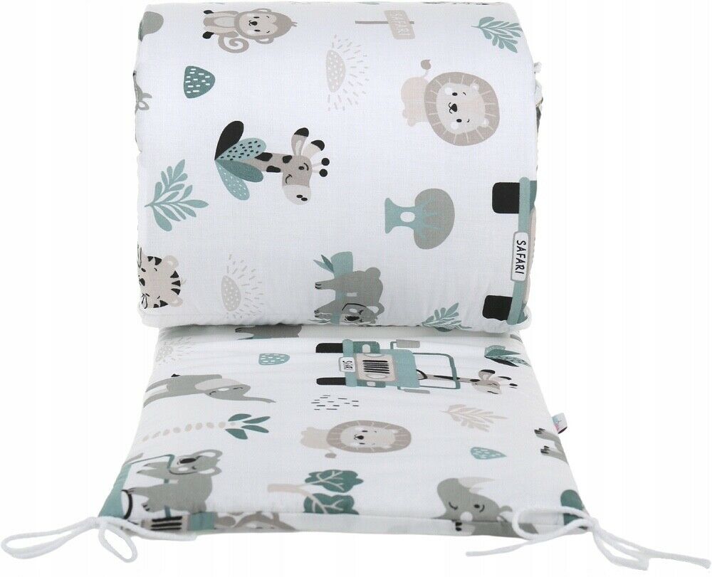 Padded baby bumper to fit cot 120x60 all around 100% cotton 360cm On safari