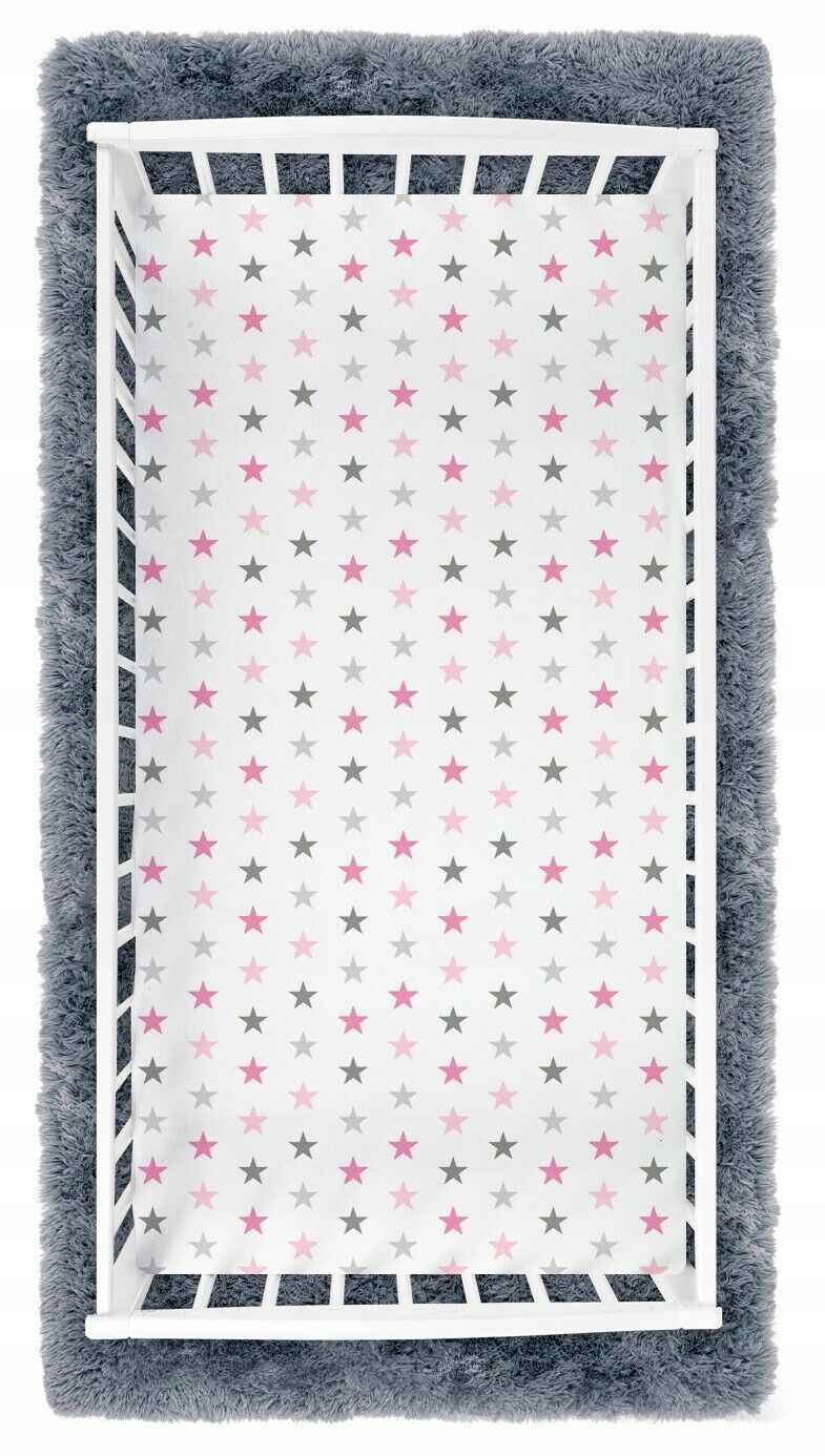 Baby Fitted Junior Bed Sheet Printed 100% Cotton Mattress 160X70cm Grey Pink Stars