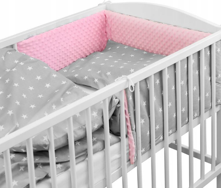 Baby 3Pc Dimple Bedding Set Bumper Fit Cotbed 140X70cm Dimple Pink/ Small White Stars On Grey