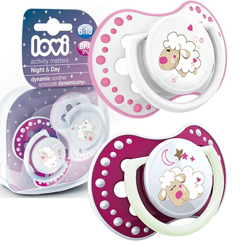 LOVI Dynamic Silicone Soother 6-18m Dummy Glow in the Dark 2 pcs Sheep Pink