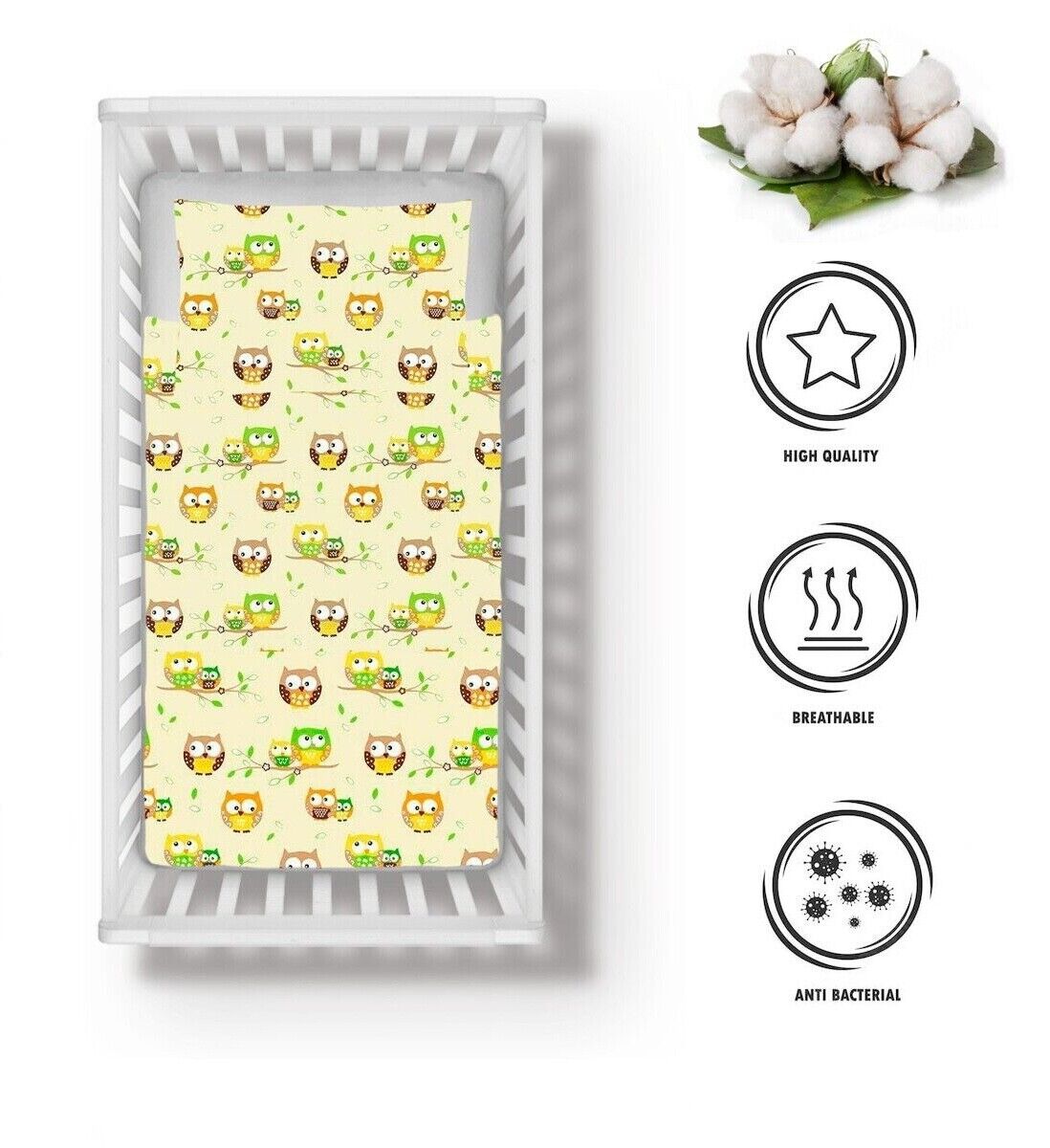 Baby Bedding Set 4pc Cotton 120x90cm Fit Cot Owls Yellow