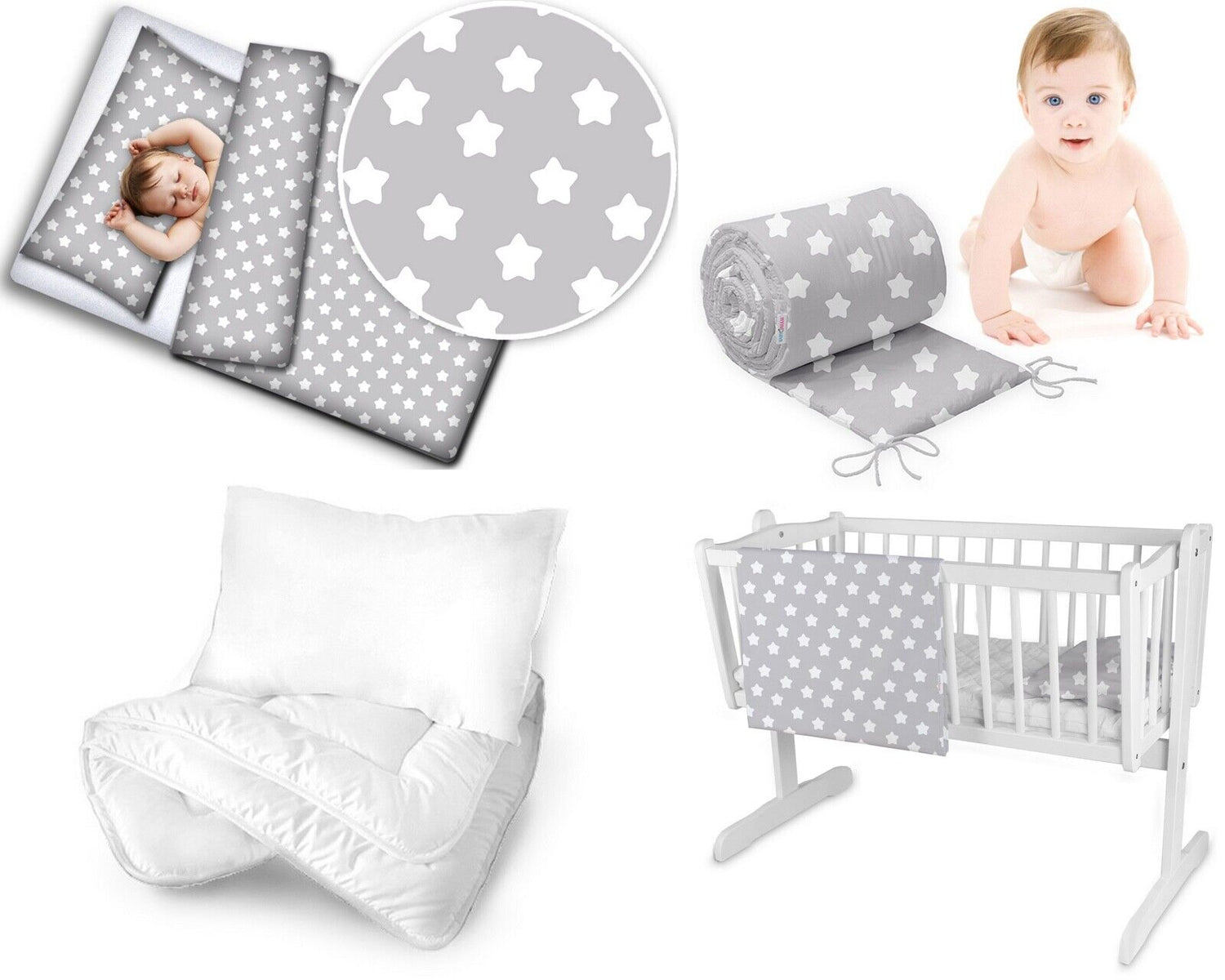 Baby Bedding Set 5pc Nursery Cotton Pillow Duvet Bumper 70x80cm Big White Stars On Grey