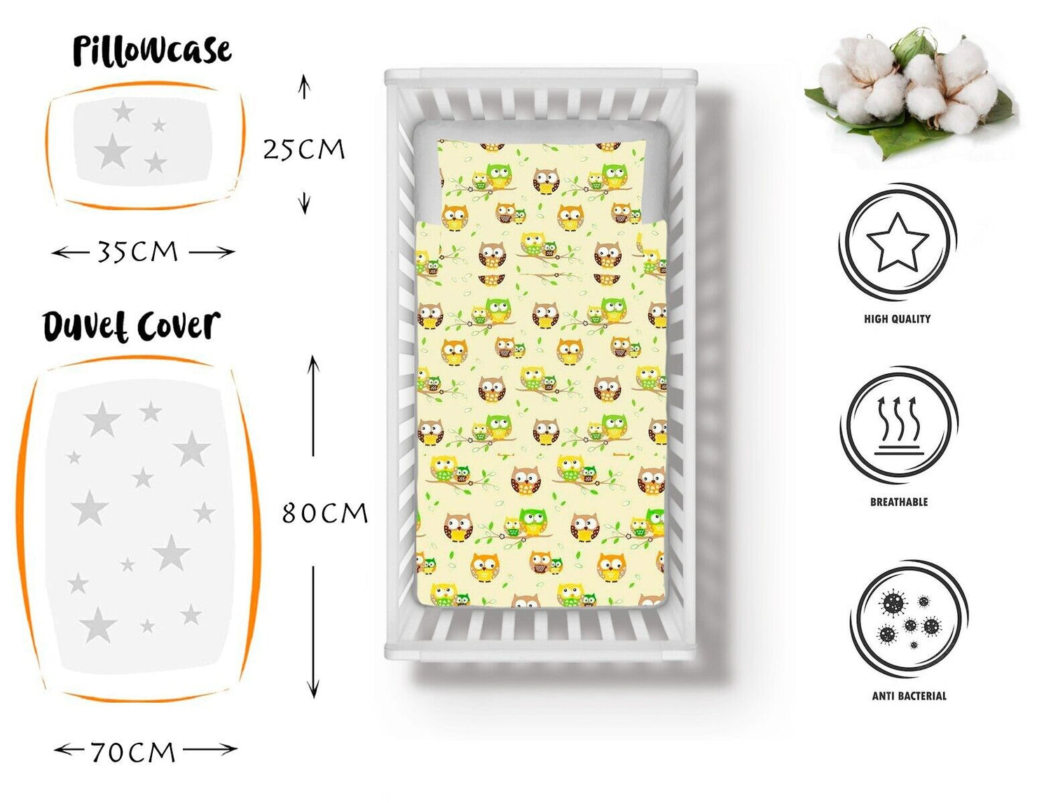 2pc Baby Bedding Set fit Crib/Cradle/Moses basket Cotton 70x80cm Owls Yellow