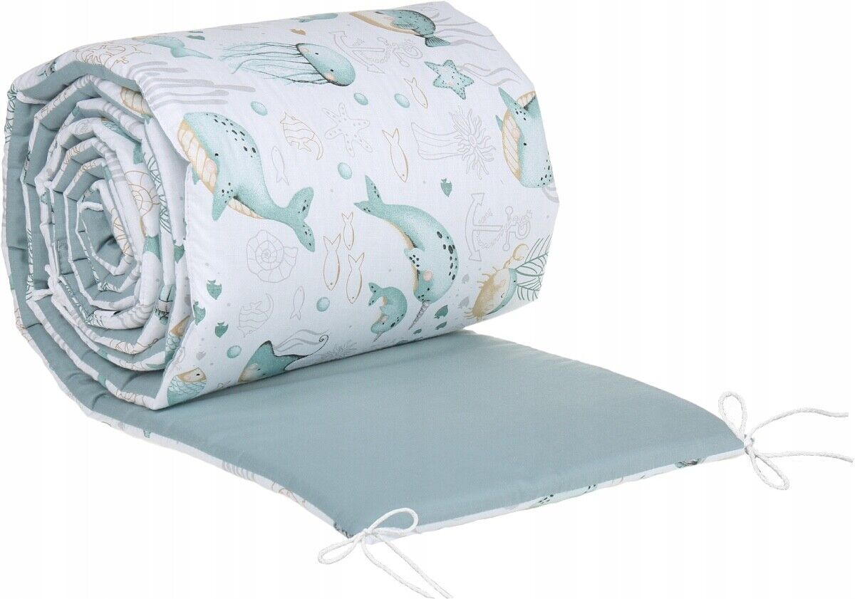 Padded Cot Bumper 180x30cm 100% Cotton Sea life/ Sage