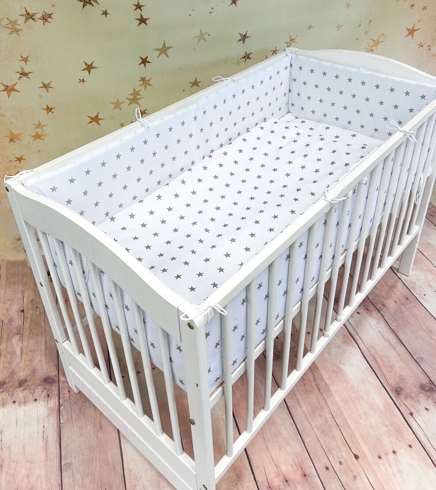 Baby Bedding Set 3pc All-round Bumper Fit Cot bed 140x70 Small Grey Stars