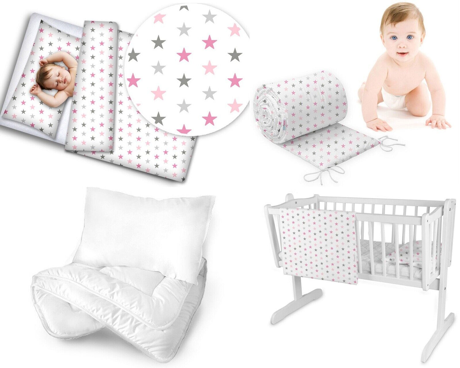 Baby bedding set 5pc nursery cotton pillow duvet bumper 70x80cm Grey Pink stars