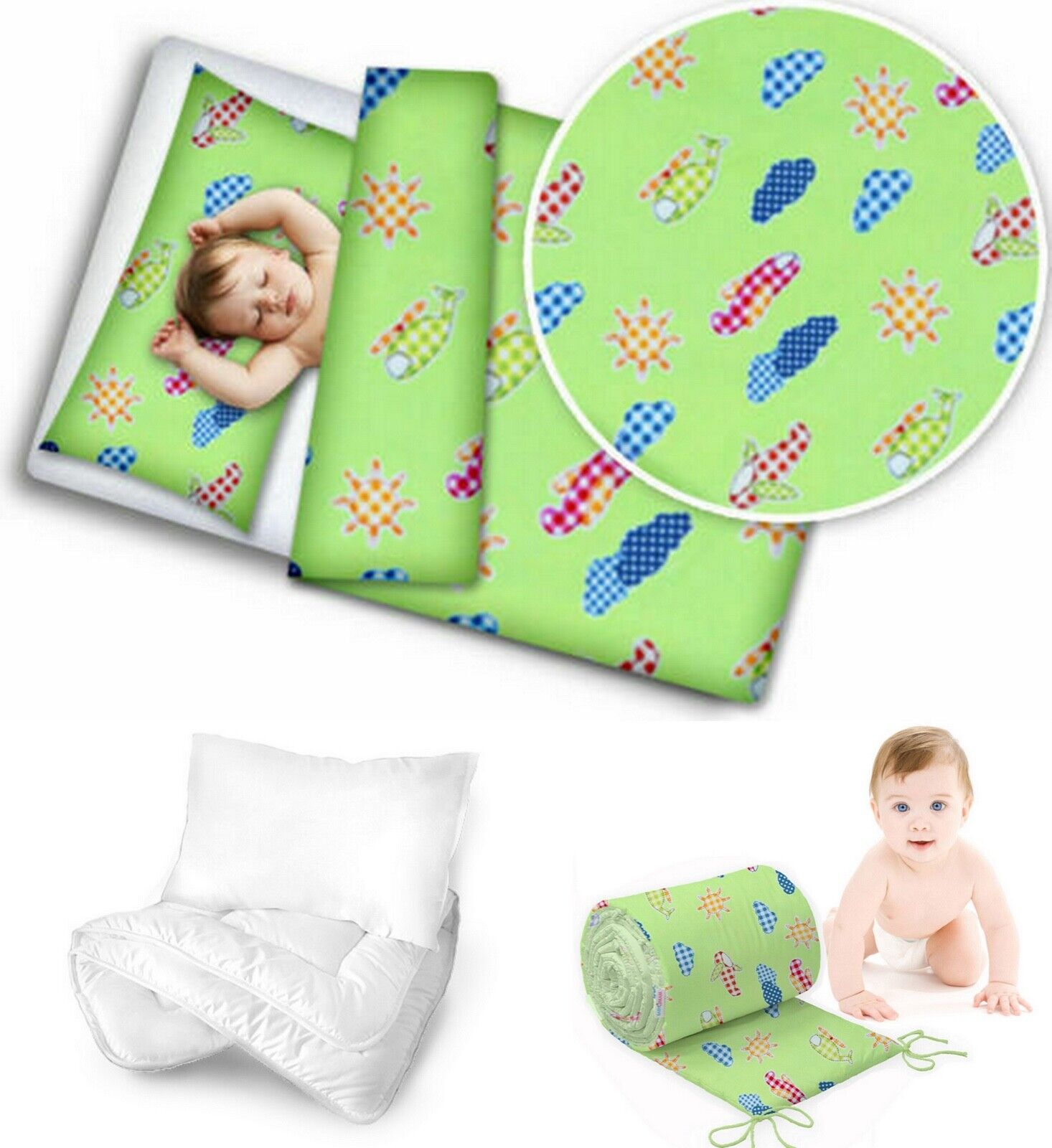 Baby bedding set 5pc nursery cotton pillow duvet bumper 70x80cm Planes green