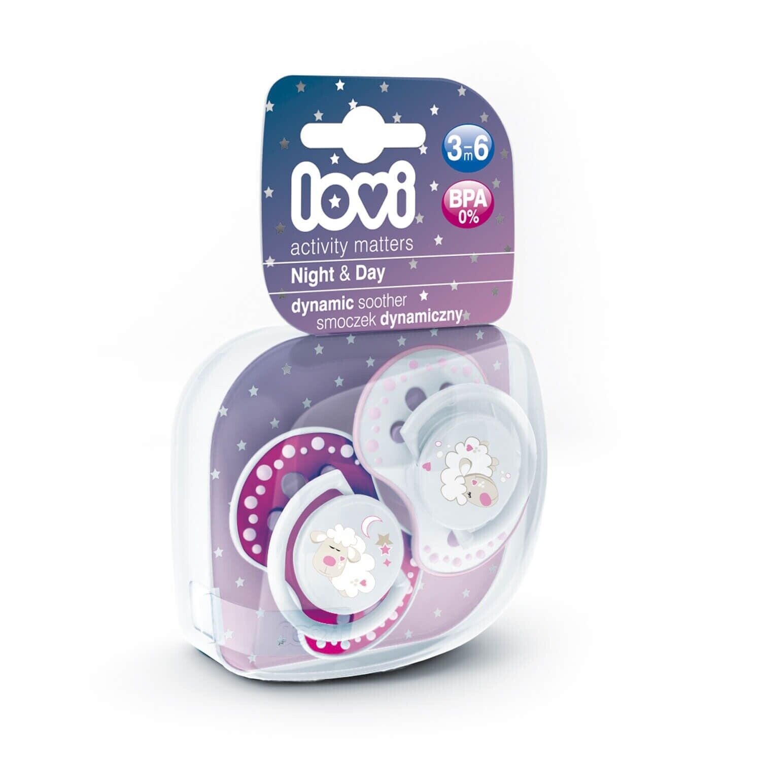 LOVI Dynamic Soother Silicone 3-6m Glow In The Dark Dummy 2 pcs Sheep Pink