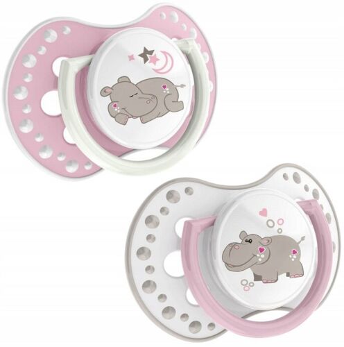 LOVI Dynamic Soother Silicone 6-18m Glow In The Dark Dummy 2 pcs Hippo Pink