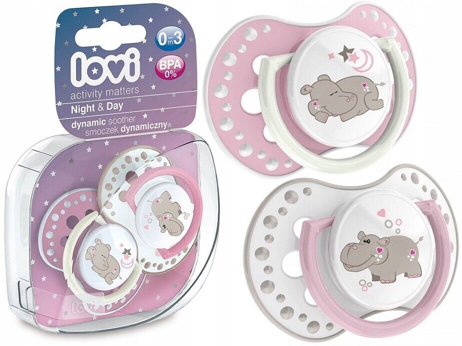 LOVI Dynamic Soother Silicone 0-3m Glow In The Dark Dummy 2 pcs Hippo Pink