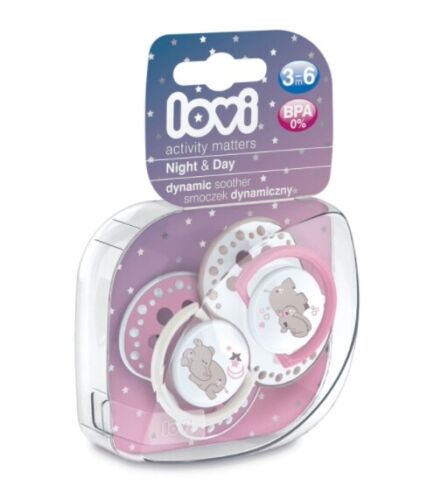 LOVI Dynamic Soother Silicone 3-6m Glow In The Dark Dummy 2 pcs Hippo Pink