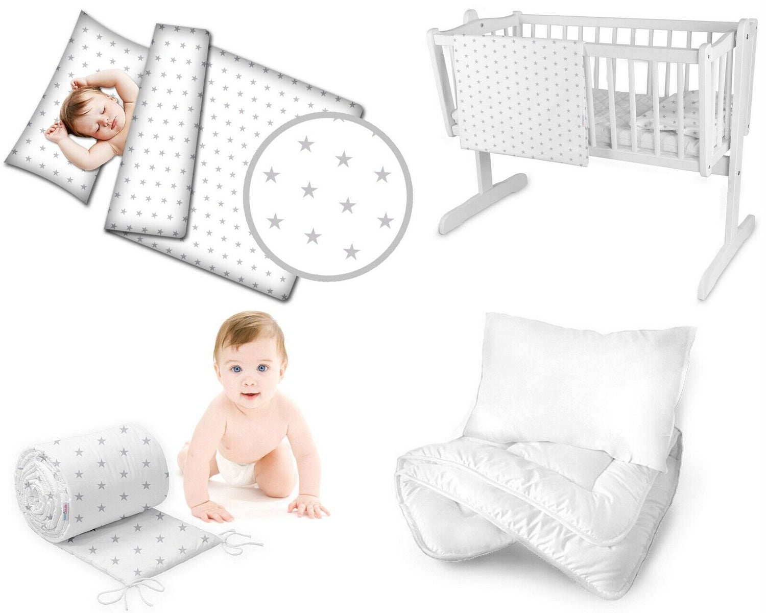 Baby Bedding Set 5pc Nursery Cotton Pillow Duvet Bumper 70x80cm Small Grey Stars On White