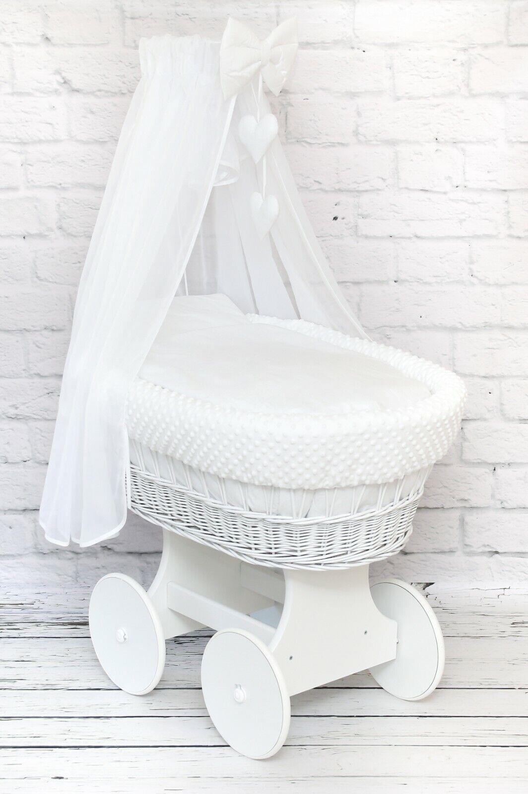 White Wicker Moses Basket with Wheels Baby+full Bedding Set White dimple