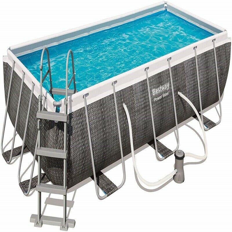 Bestway 13.6Ft Power Steel Rectangular Swimming Pool 412X201X122 cm Grey Rattan