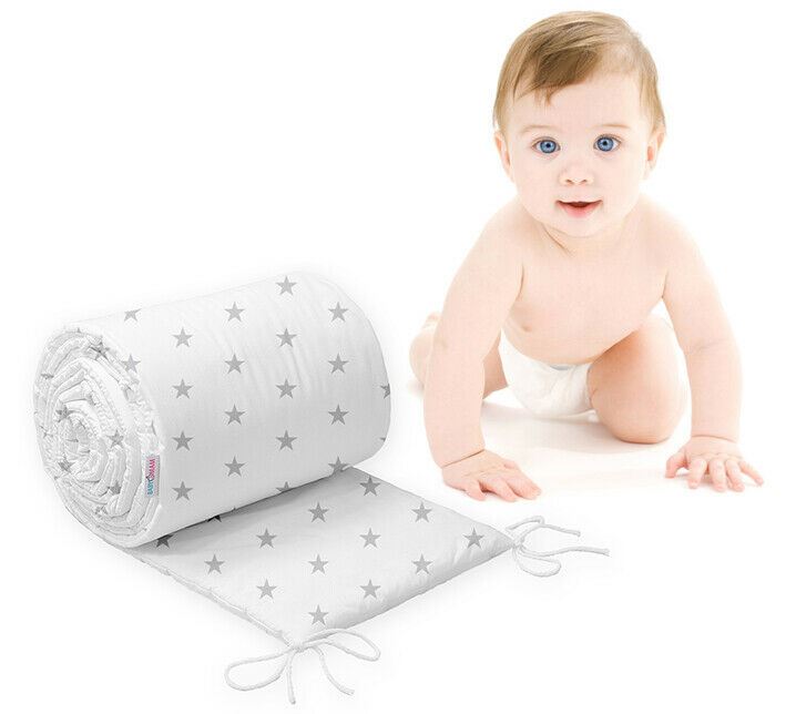 Baby Padded Bumper 100% Cotton To Fit Crib All Round 260cm Small Grey Stars On White