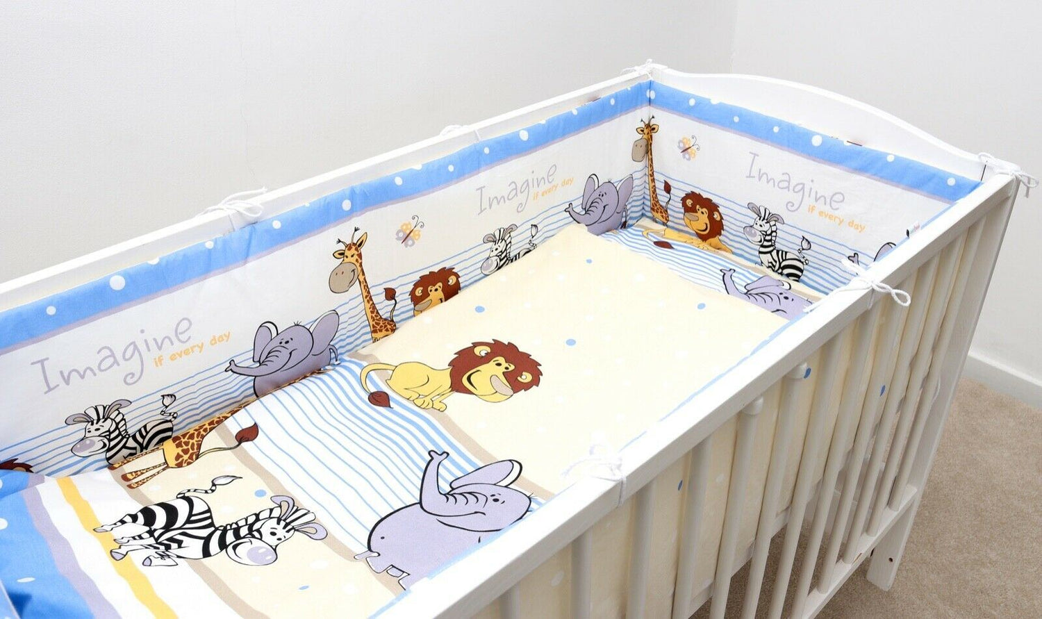 Baby 6Pc Bedding Set All-Round Bumper Fit Cotbed 140X70cm Safari Blue