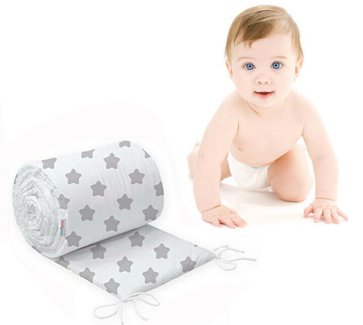Padded Bumper To Fit Baby Cot Bed All-Round Cotton 420cm Big Stars With White